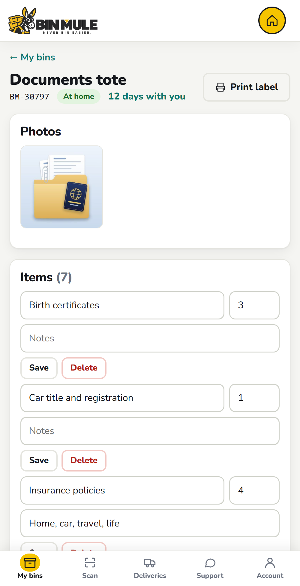 Inside a bin: photo and item list