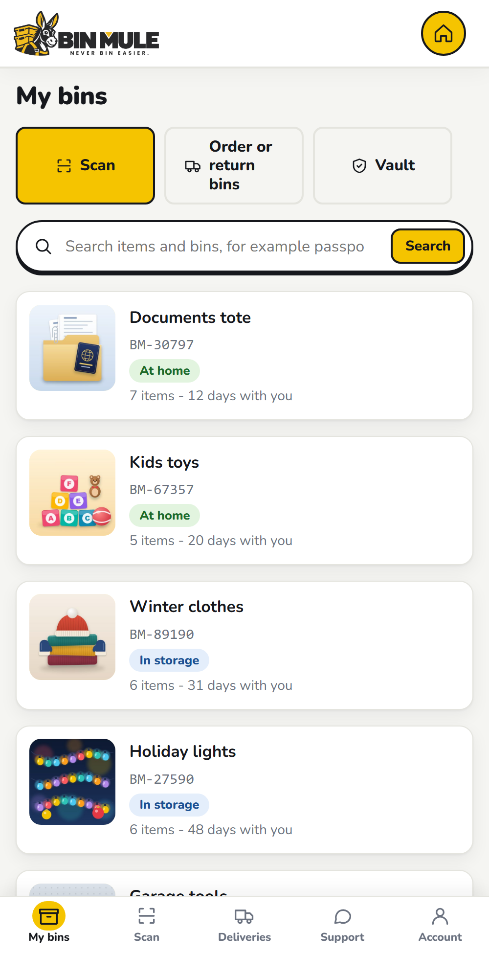 The My bins screen showing bin cards with photos and days with you