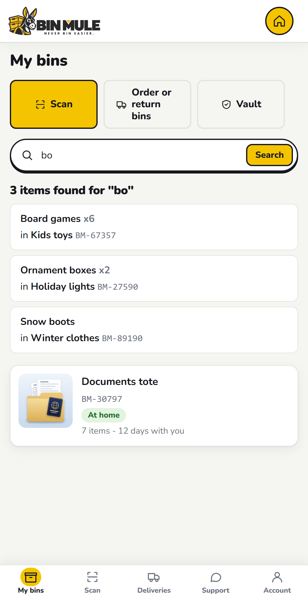 The BinMule app searching for items and showing which bin holds each one